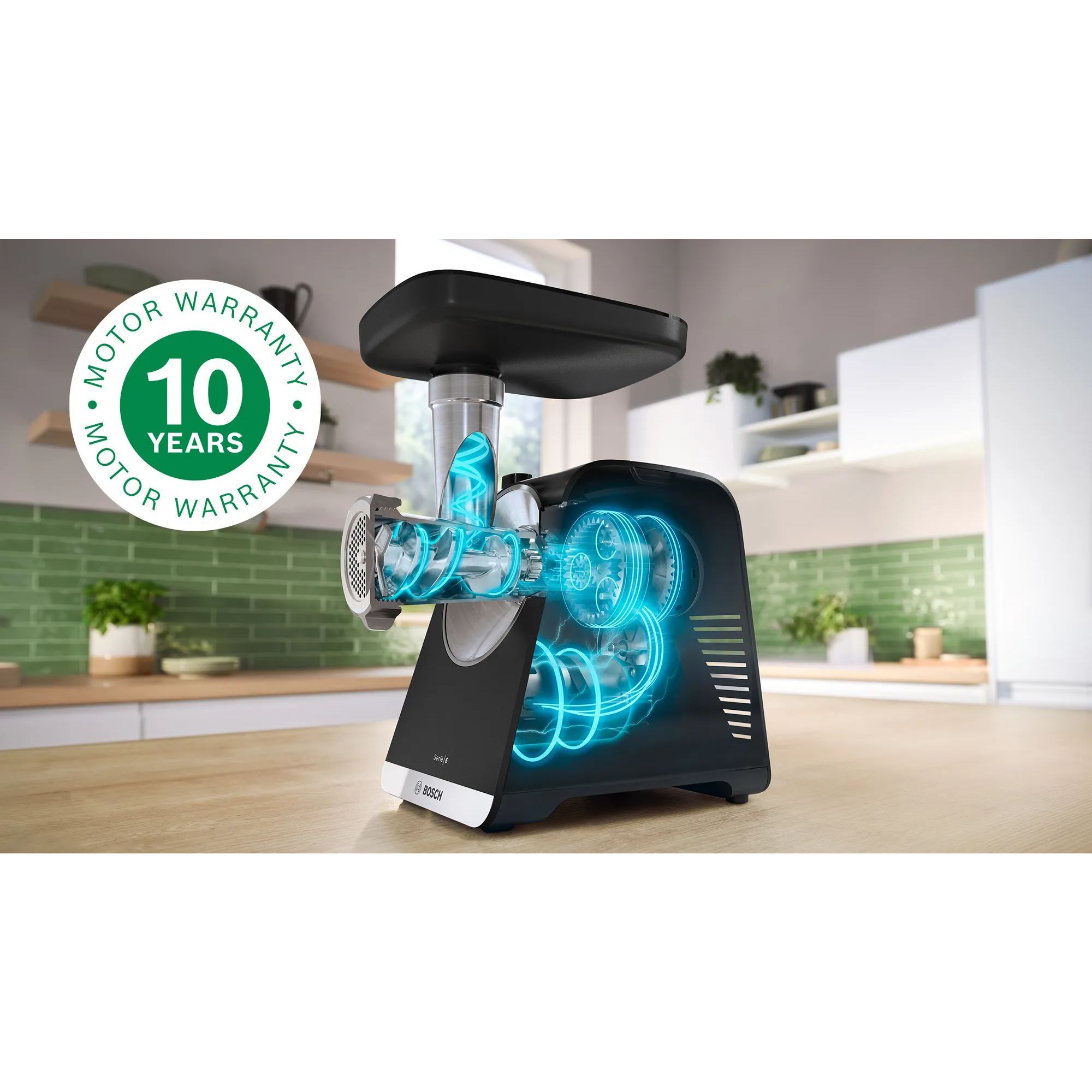 Mașină de tocat carne BOSCH Serie 6 MultiPower MFWS682B, Vârf 2100W (2 trepte și revers), Nominală 500W, 3.5kg/min, Storcător, Răzătoare, Cârnați, Kebbe, Presă citrice, Accesoriu biscuiți, Metallic Silver