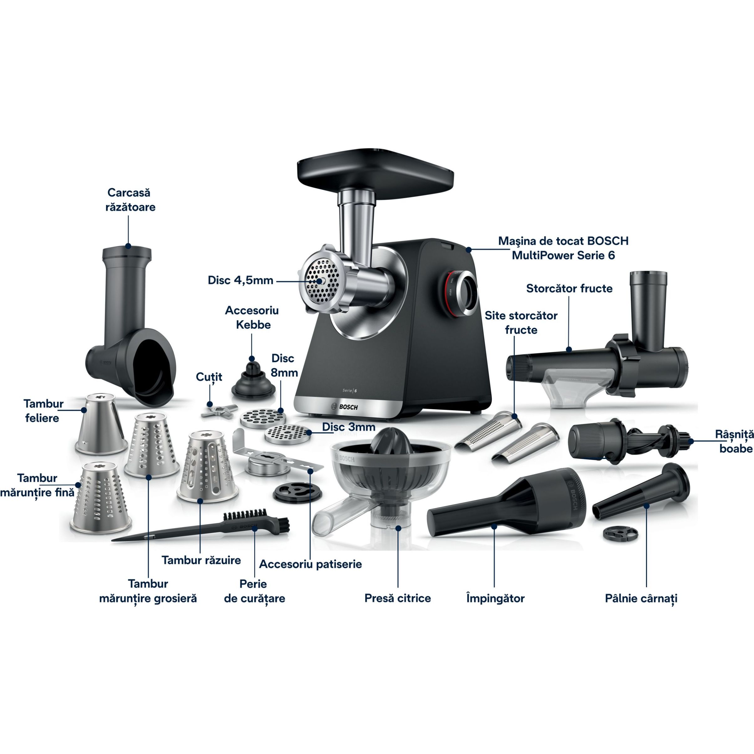 Mașină de tocat carne BOSCH Serie 6 MultiPower MFWS682B, Vârf 2100W (2 trepte și revers), Nominală 500W, 3.5kg/min, Storcător, Răzătoare, Cârnați, Kebbe, Presă citrice, Accesoriu biscuiți, Metallic Silver