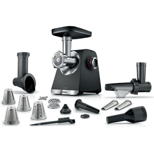 Mașină de tocat carne BOSCH Serie 6 MultiPower MFWS660B  Vârf 2100W (2 trepte și revers)  Nominală 500W  3.5kg/min  Storcător  Răzătoare  Cârnați  Kebbe  3 site  Cuțit cu două tăișuri  Metallic Silver