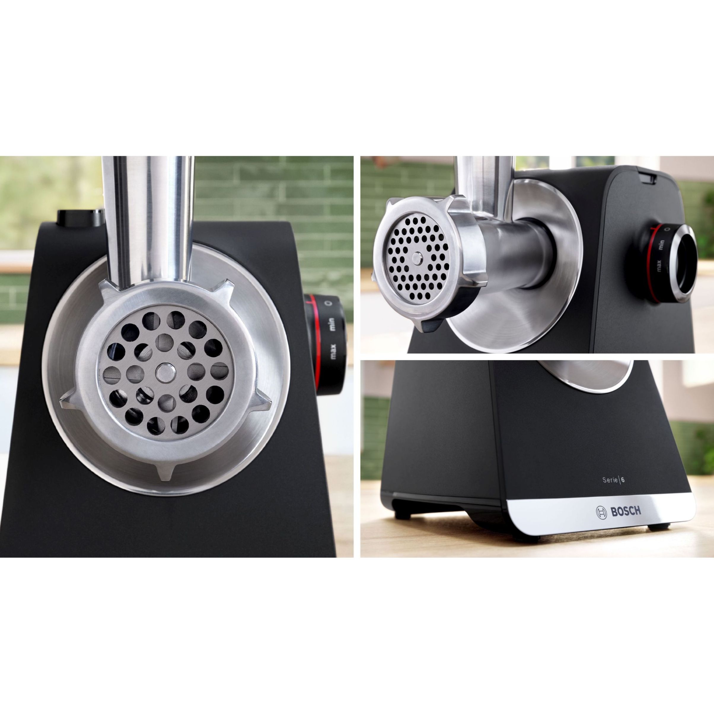 Mașină de tocat carne BOSCH Serie 6 MultiPower MFWS660B, Vârf 2100W (2 trepte și revers), Nominală 500W, 3.5kg/min, Storcător, Răzătoare, Cârnați, Kebbe, 3 site, Cuțit cu două tăișuri, Metallic Silver