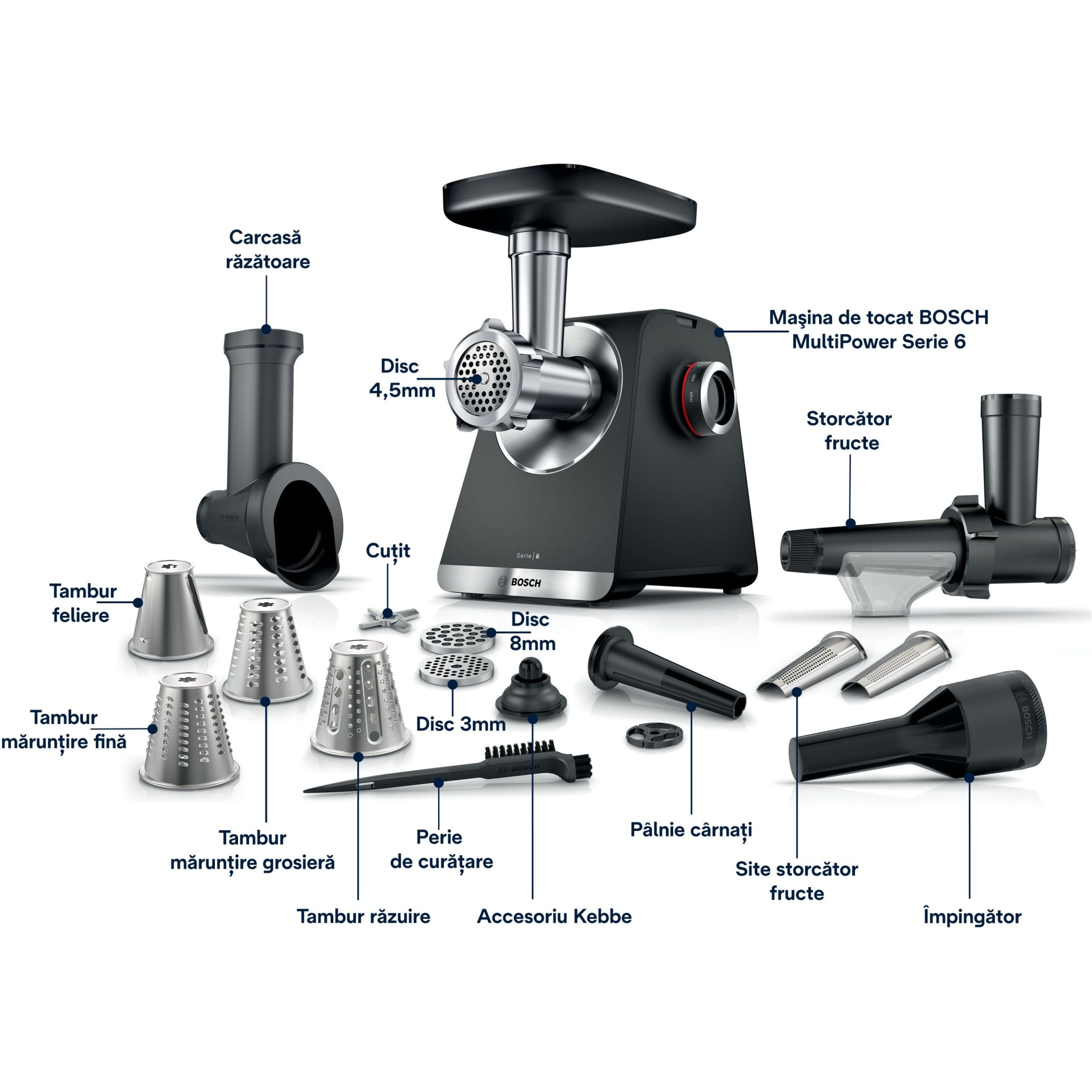Mașină de tocat carne BOSCH Serie 6 MultiPower MFWS660B, Vârf 2100W (2 trepte și revers), Nominală 500W, 3.5kg/min, Storcător, Răzătoare, Cârnați, Kebbe, 3 site, Cuțit cu două tăișuri, Metallic Silver