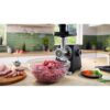 Mașină de tocat carne BOSCH Serie 6 MultiPower MFWS660B, Vârf 2100W (2 trepte și revers), Nominală 500W, 3.5kg/min, Storcător, Răzătoare, Cârnați, Kebbe, 3 site, Cuțit cu două tăișuri, Metallic Silver