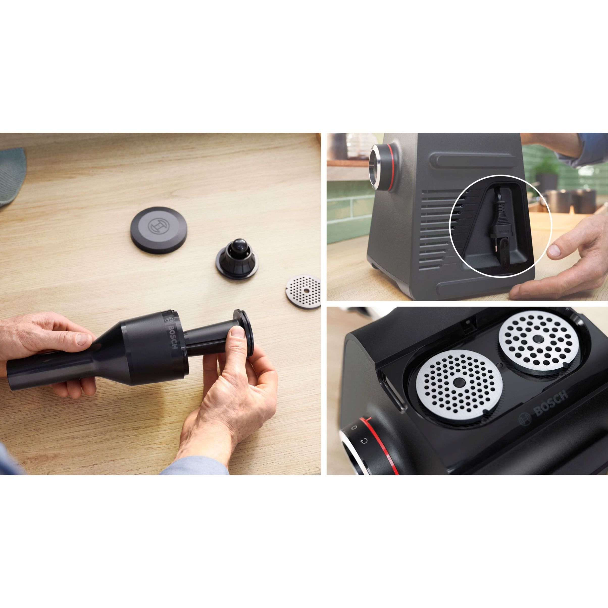 Mașină de tocat carne BOSCH Serie 6 MultiPower MFWS660B, Vârf 2100W (2 trepte și revers), Nominală 500W, 3.5kg/min, Storcător, Răzătoare, Cârnați, Kebbe, 3 site, Cuțit cu două tăișuri, Metallic Silver