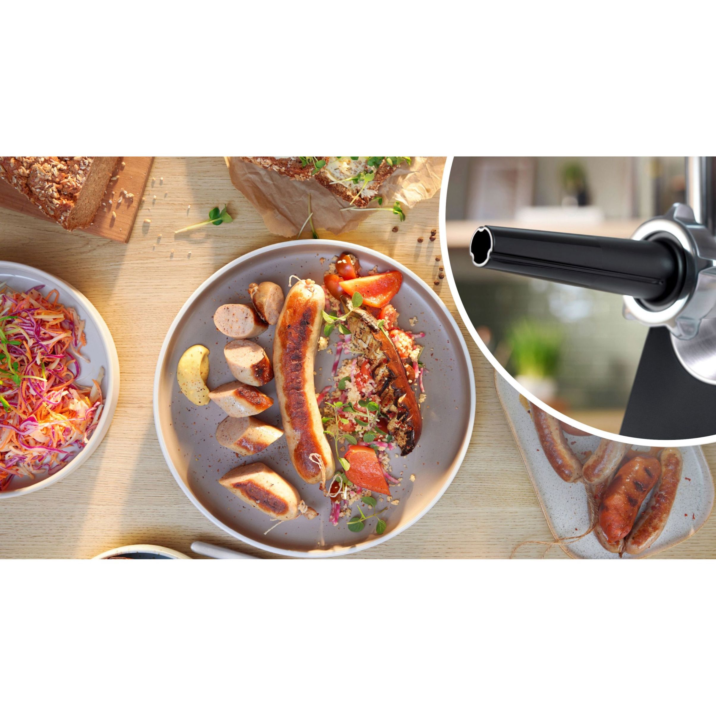 Mașină de tocat carne BOSCH Serie 6 MultiPower MFWS660B, Vârf 2100W (2 trepte și revers), Nominală 500W, 3.5kg/min, Storcător, Răzătoare, Cârnați, Kebbe, 3 site, Cuțit cu două tăișuri, Metallic Silver