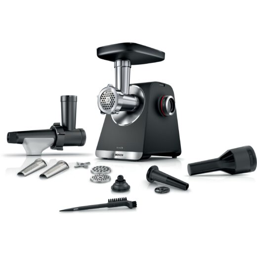 Mașină de tocat carne BOSCH Serie 6 MultiPower MFWS650B  Vârf 2100W (2 trepte  revers)  Nominală 500W  3.5kg/min  Storcător  Cârnați  Kebbe  Cuțit două tăișuri  Cutie de viteze planetară  Metallic Silver