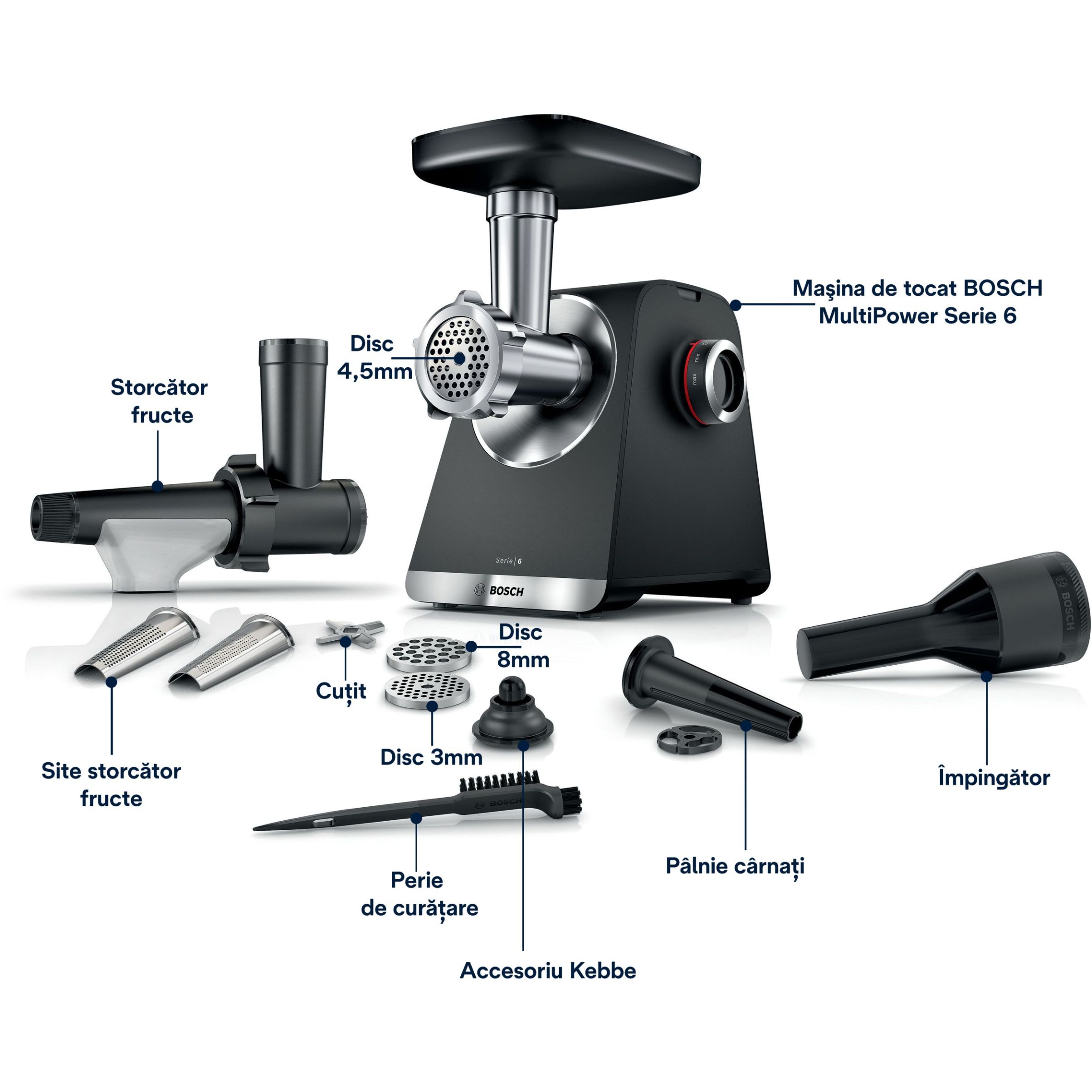 Mașină de tocat carne BOSCH Serie 6 MultiPower MFWS650B, Vârf 2100W (2 trepte, revers), Nominală 500W, 3.5kg/min, Storcător, Cârnați, Kebbe, Cuțit două tăișuri, Cutie de viteze planetară, Metallic Silver