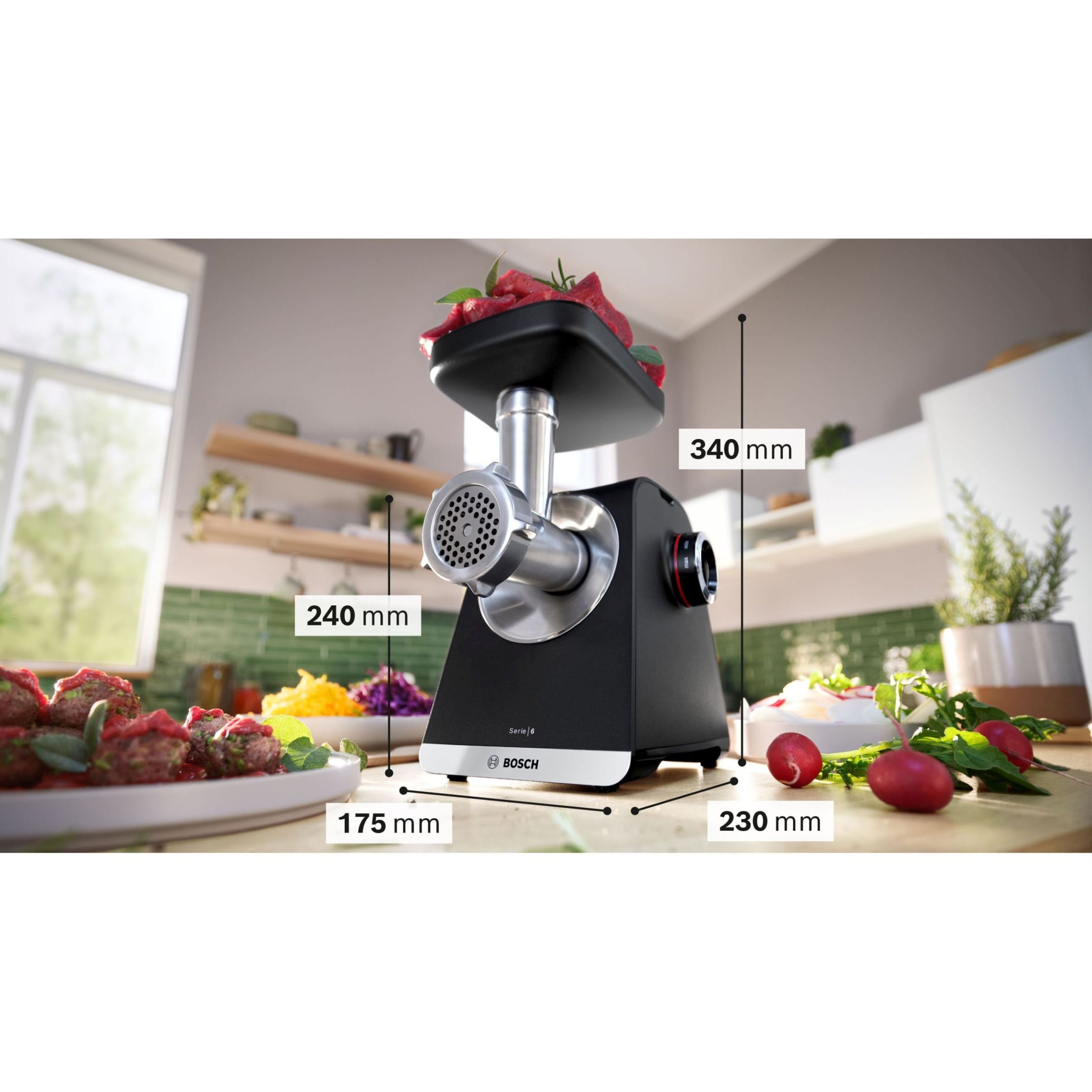 Mașină de tocat carne BOSCH Serie 6 MultiPower MFWS650B, Vârf 2100W (2 trepte, revers), Nominală 500W, 3.5kg/min, Storcător, Cârnați, Kebbe, Cuțit două tăișuri, Cutie de viteze planetară, Metallic Silver