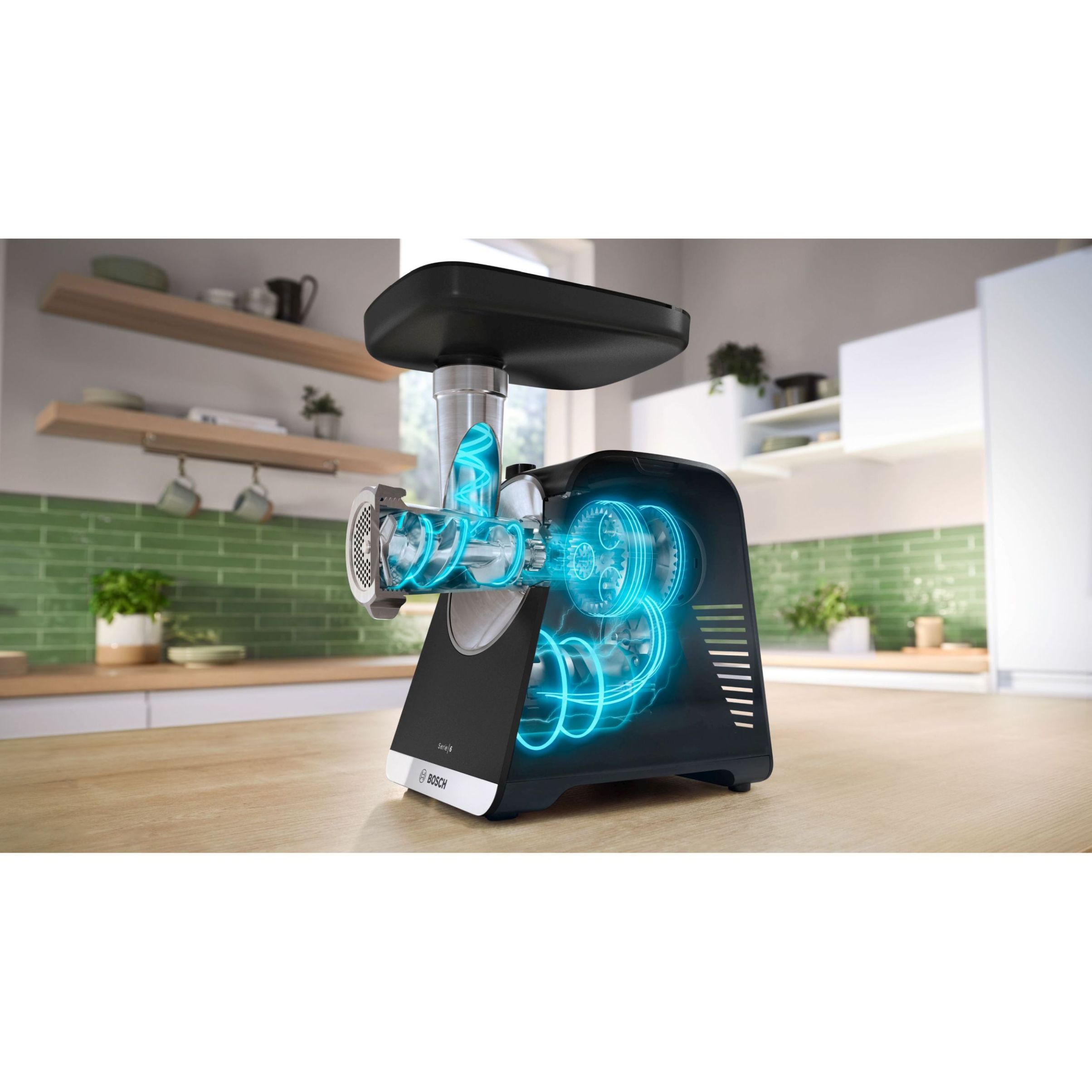 Mașină de tocat carne BOSCH Serie 6 MultiPower MFWS650B, Vârf 2100W (2 trepte, revers), Nominală 500W, 3.5kg/min, Storcător, Cârnați, Kebbe, Cuțit două tăișuri, Cutie de viteze planetară, Metallic Silver