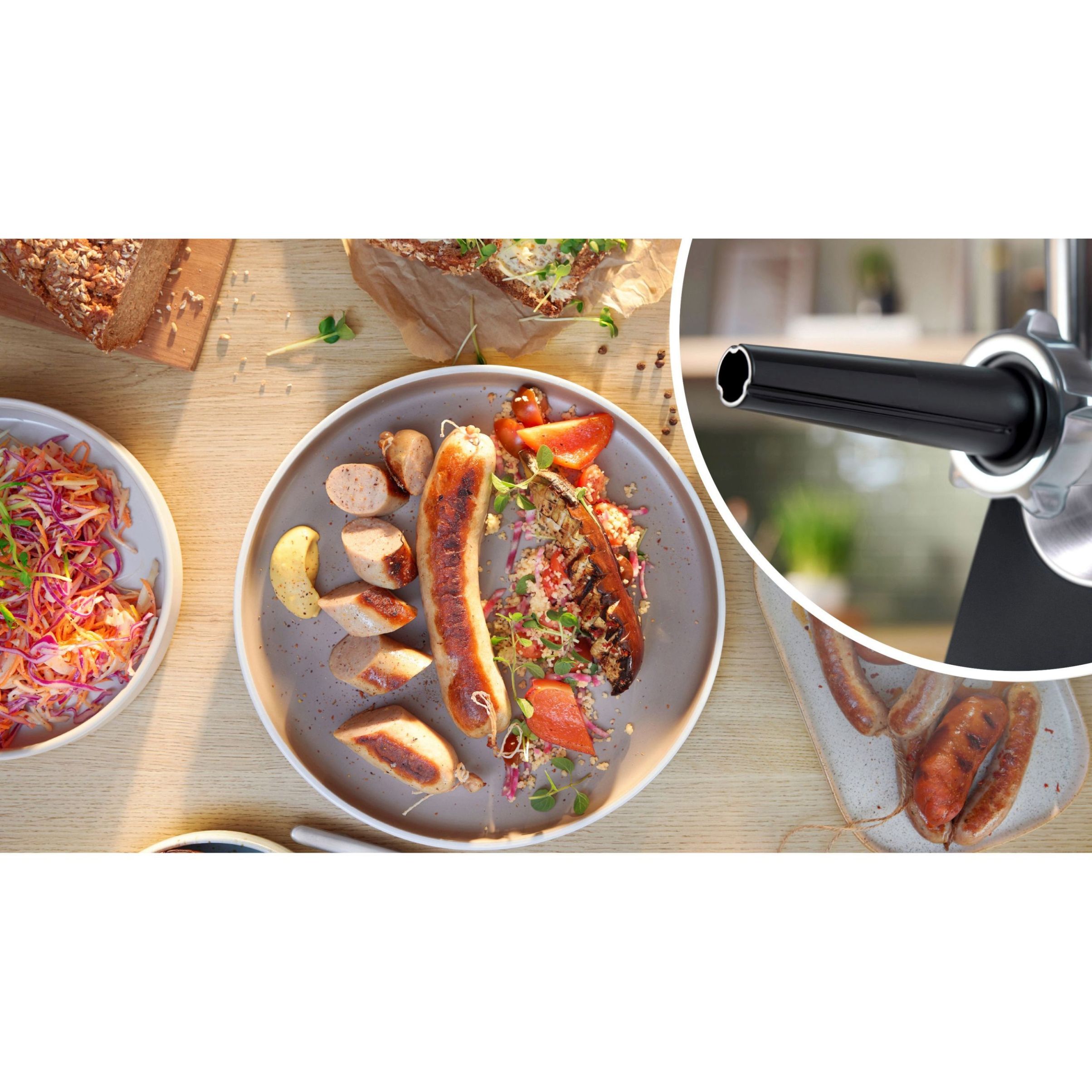Mașină de tocat carne BOSCH Serie 6 MultiPower MFWS650B, Vârf 2100W (2 trepte, revers), Nominală 500W, 3.5kg/min, Storcător, Cârnați, Kebbe, Cuțit două tăișuri, Cutie de viteze planetară, Metallic Silver