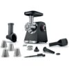 Mașină de tocat carne BOSCH Serie 6 MultiPower MFWS640B  Vârf 2100W (2 trepte și revers)  Nominală 500W  3.5kg/min  Răzătoare  Cârnați  Kebbe  Cuțit cu două tăișuri  Cutie de viteze planetară  Metallic Silver