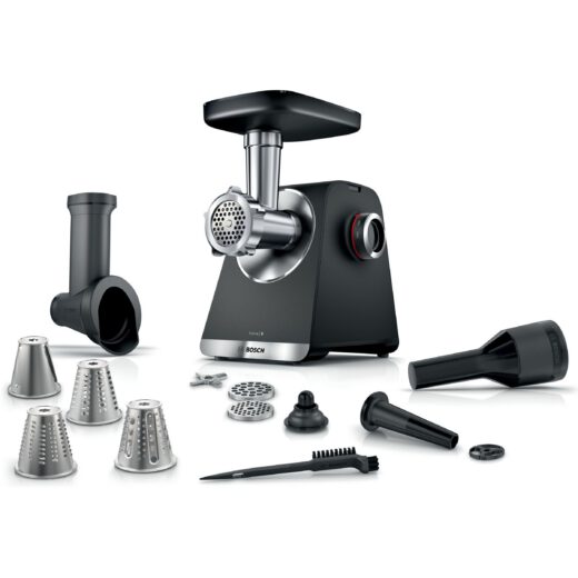 Mașină de tocat carne BOSCH Serie 6 MultiPower MFWS640B  Vârf 2100W (2 trepte și revers)  Nominală 500W  3.5kg/min  Răzătoare  Cârnați  Kebbe  Cuțit cu două tăișuri  Cutie de viteze planetară  Metallic Silver