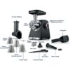 Mașină de tocat carne BOSCH Serie 6 MultiPower MFWS640B, Vârf 2100W (2 trepte și revers), Nominală 500W, 3.5kg/min, Răzătoare, Cârnați, Kebbe, Cuțit cu două tăișuri, Cutie de viteze planetară, Metallic Silver