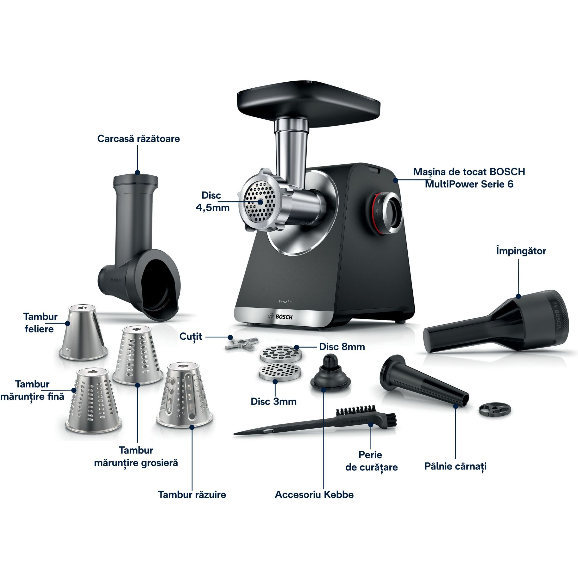 Mașină de tocat carne BOSCH Serie 6 MultiPower MFWS640B, Vârf 2100W (2 trepte și revers), Nominală 500W, 3.5kg/min, Răzătoare, Cârnați, Kebbe, Cuțit cu două tăișuri, Cutie de viteze planetară, Metallic Silver