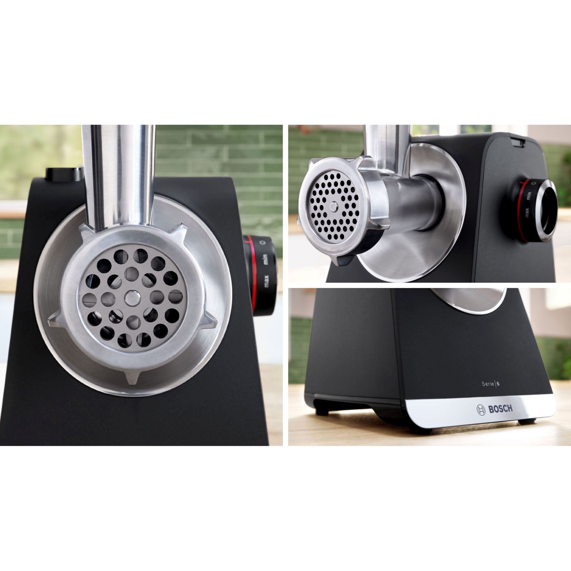 Mașină de tocat carne BOSCH Serie 6 MultiPower MFWS640B, Vârf 2100W (2 trepte și revers), Nominală 500W, 3.5kg/min, Răzătoare, Cârnați, Kebbe, Cuțit cu două tăișuri, Cutie de viteze planetară, Metallic Silver