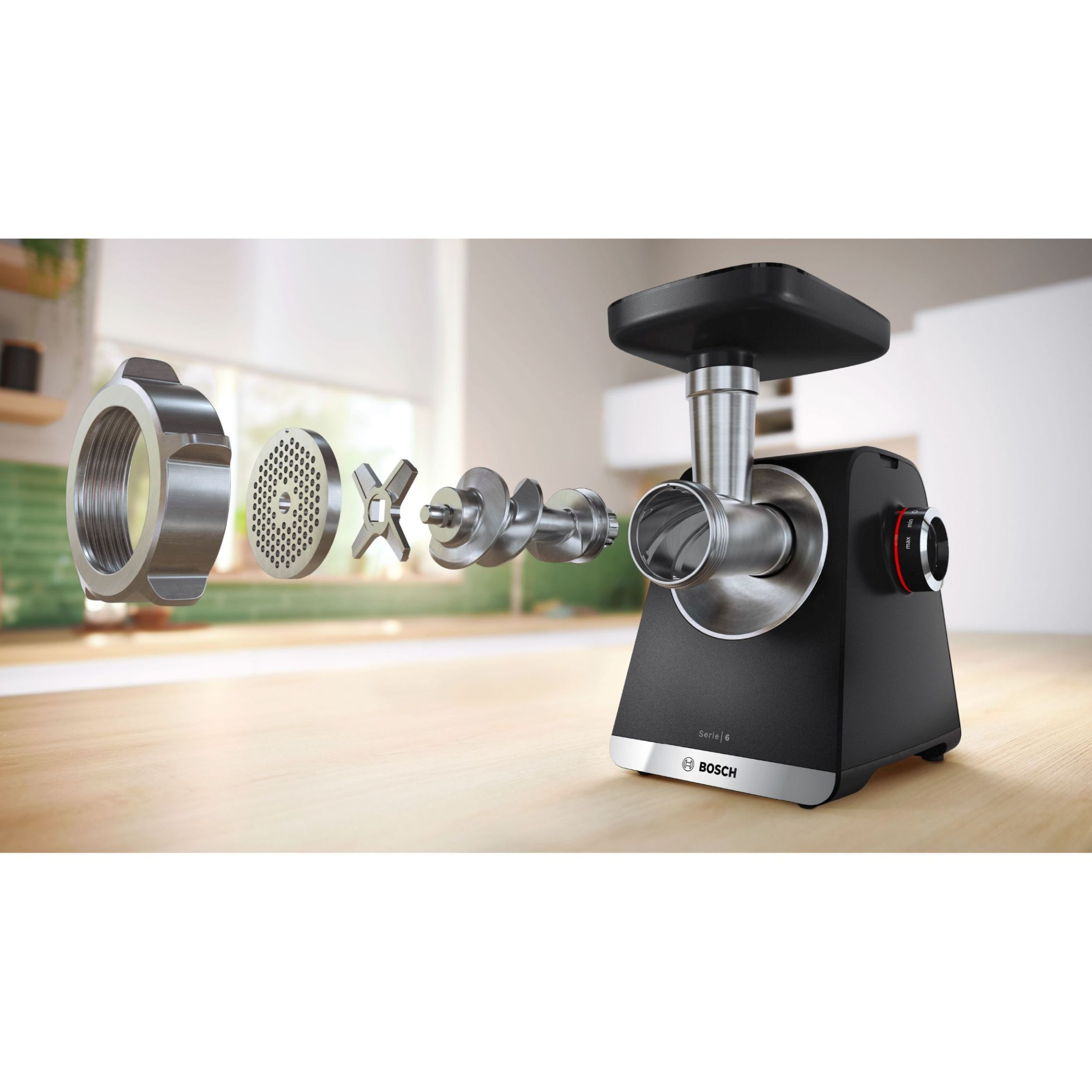 Mașină de tocat carne BOSCH Serie 6 MultiPower MFWS640B, Vârf 2100W (2 trepte și revers), Nominală 500W, 3.5kg/min, Răzătoare, Cârnați, Kebbe, Cuțit cu două tăișuri, Cutie de viteze planetară, Metallic Silver