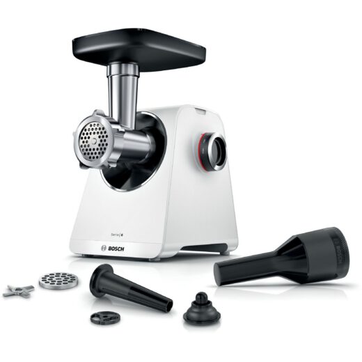 Mașină de tocat carne BOSCH Serie 6 MultiPower MFWS607W  Vârf 2100W (2 trepte și revers)  Nominală 500W  3.5kg/min  Cârnați  Kebbe  Cuțit cu două tăișuri  Piciorușe ventuze  Cutie de viteze planetară  Albă