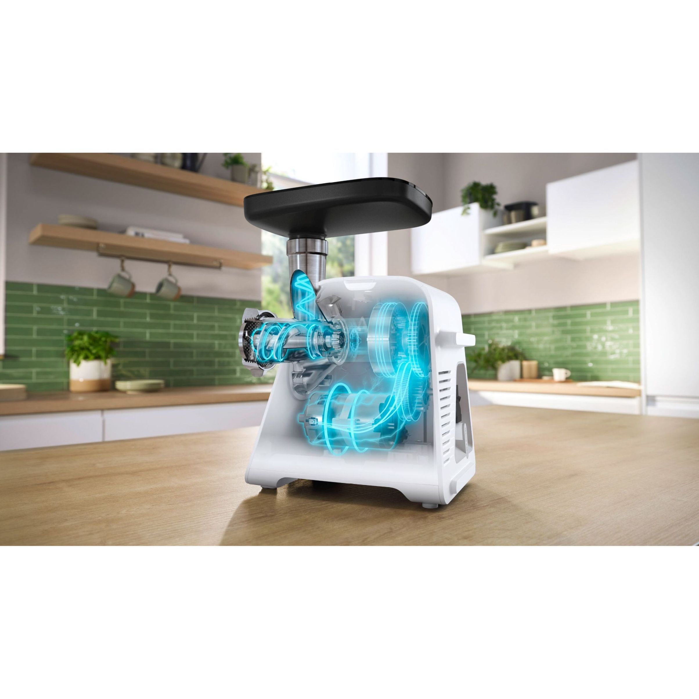 Mașină de tocat carne BOSCH Serie 6 MultiPower MFWS607W, Vârf 2100W (2 trepte și revers), Nominală 500W, 3.5kg/min, Cârnați, Kebbe, Cuțit cu două tăișuri, Piciorușe ventuze, Cutie de viteze planetară, Albă