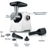 Mașină de tocat carne BOSCH Serie 6 MultiPower MFWS607W, Vârf 2100W (2 trepte și revers), Nominală 500W, 3.5kg/min, Cârnați, Kebbe, Cuțit cu două tăișuri, Piciorușe ventuze, Cutie de viteze planetară, Albă