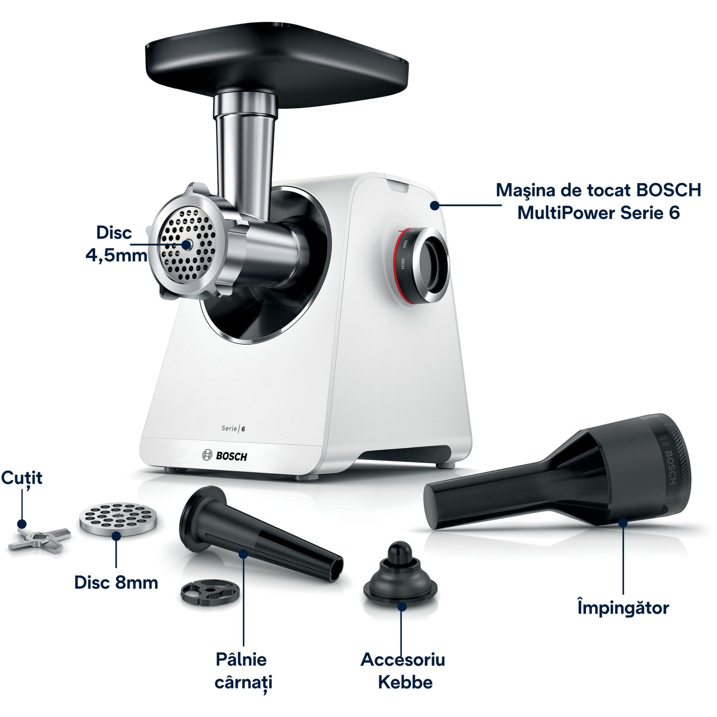 Mașină de tocat carne BOSCH Serie 6 MultiPower MFWS607W, Vârf 2100W (2 trepte și revers), Nominală 500W, 3.5kg/min, Cârnați, Kebbe, Cuțit cu două tăișuri, Piciorușe ventuze, Cutie de viteze planetară, Albă