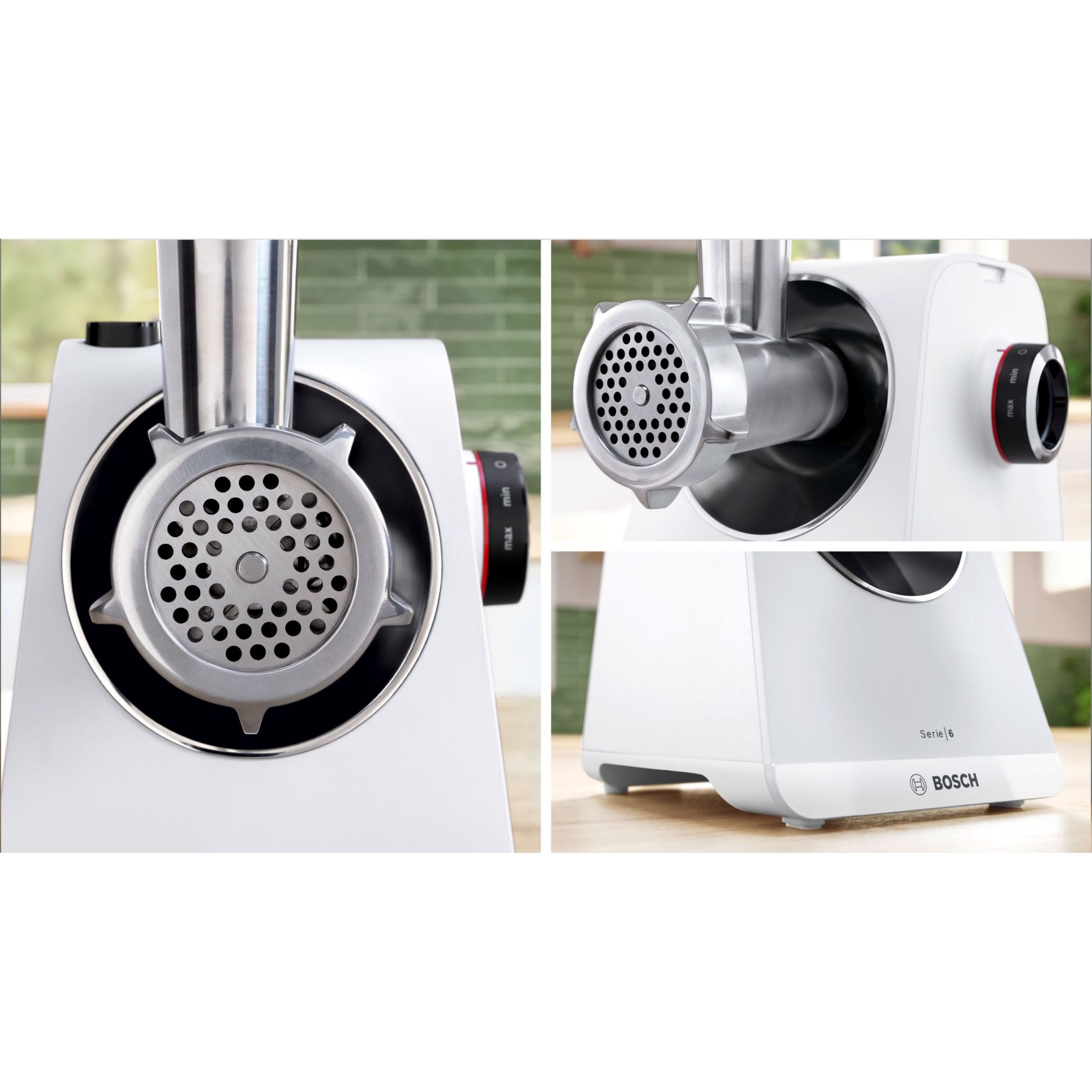 Mașină de tocat carne BOSCH Serie 6 MultiPower MFWS607W, Vârf 2100W (2 trepte și revers), Nominală 500W, 3.5kg/min, Cârnați, Kebbe, Cuțit cu două tăișuri, Piciorușe ventuze, Cutie de viteze planetară, Albă