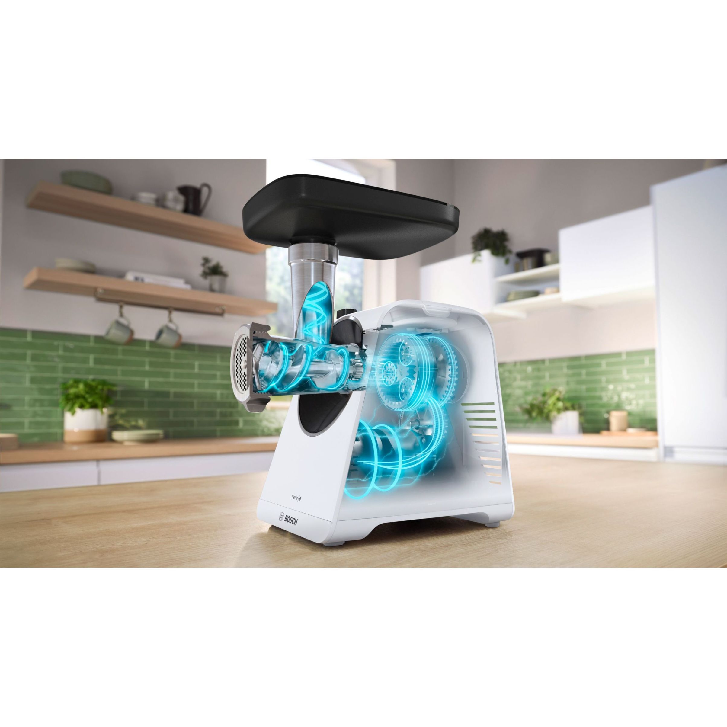 Mașină de tocat carne BOSCH Serie 6 MultiPower MFWS607W, Vârf 2100W (2 trepte și revers), Nominală 500W, 3.5kg/min, Cârnați, Kebbe, Cuțit cu două tăișuri, Piciorușe ventuze, Cutie de viteze planetară, Albă