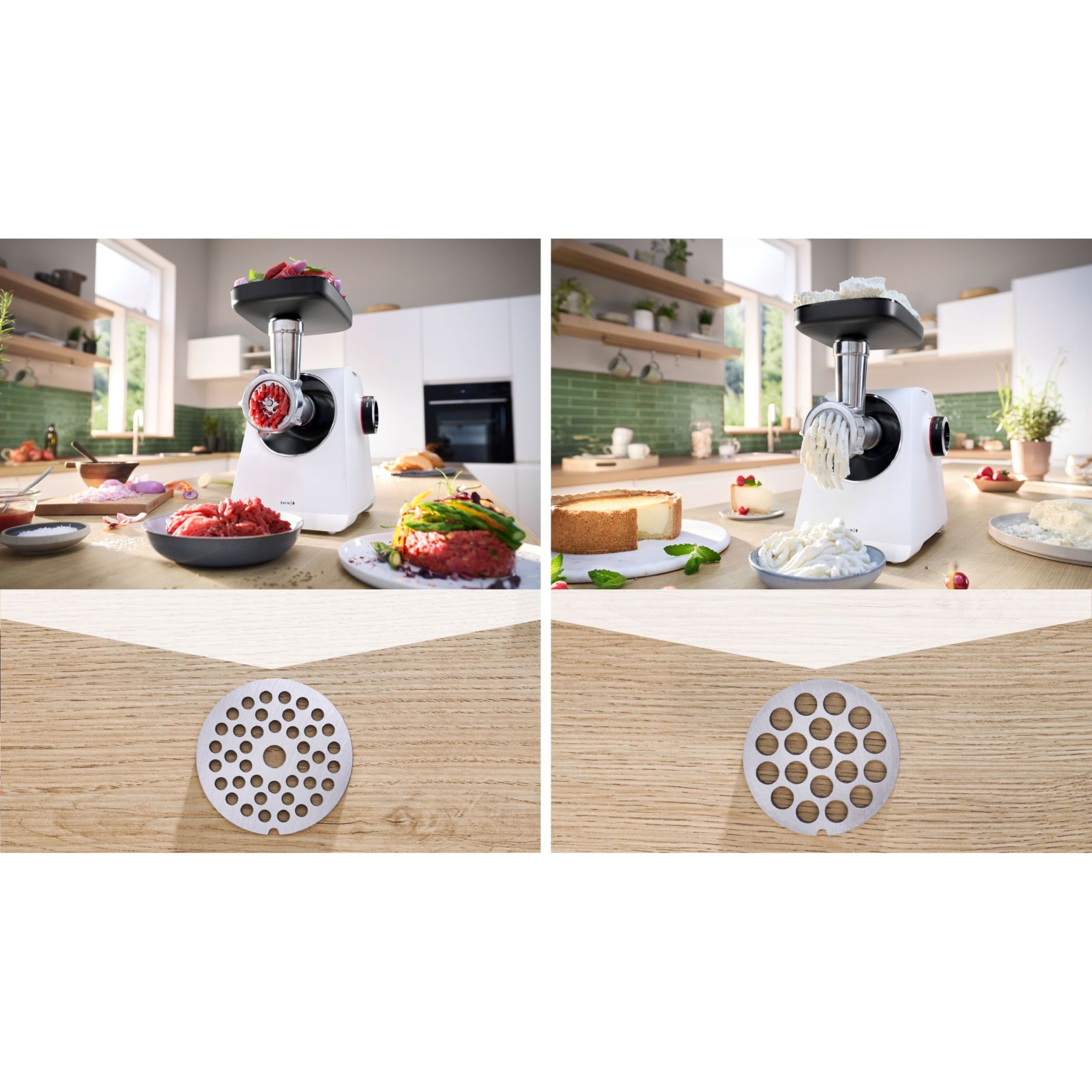 Mașină de tocat carne BOSCH Serie 6 MultiPower MFWS607W, Vârf 2100W (2 trepte și revers), Nominală 500W, 3.5kg/min, Cârnați, Kebbe, Cuțit cu două tăișuri, Piciorușe ventuze, Cutie de viteze planetară, Albă