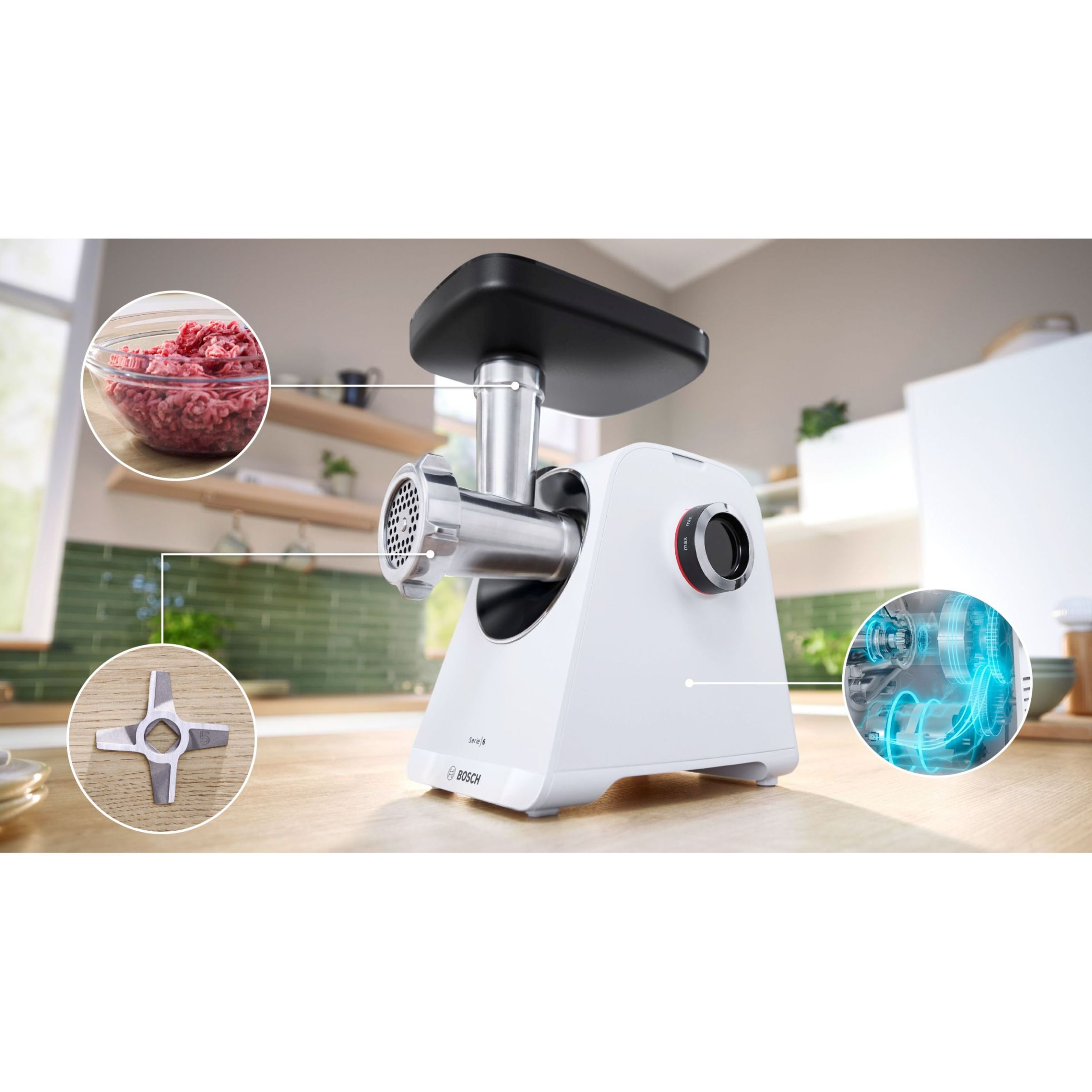 Mașină de tocat carne BOSCH Serie 6 MultiPower MFWS607W, Vârf 2100W (2 trepte și revers), Nominală 500W, 3.5kg/min, Cârnați, Kebbe, Cuțit cu două tăișuri, Piciorușe ventuze, Cutie de viteze planetară, Albă