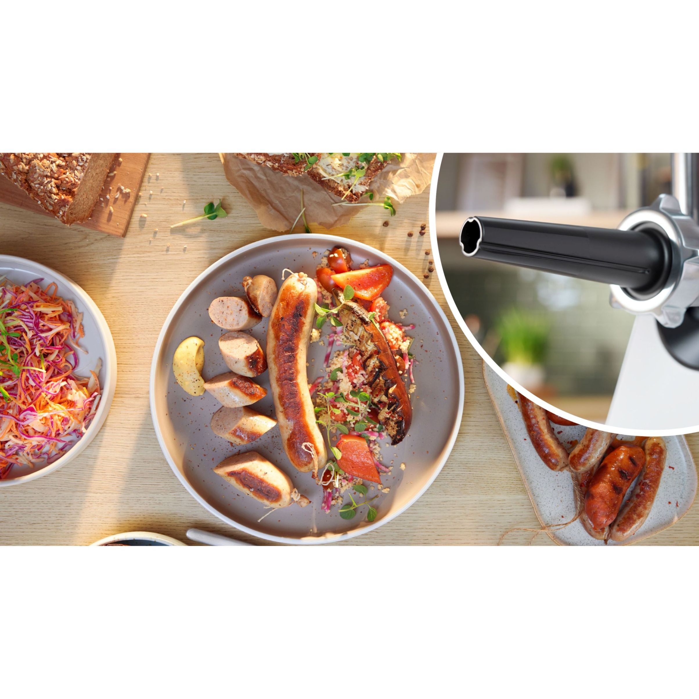 Mașină de tocat carne BOSCH Serie 6 MultiPower MFWS607W, Vârf 2100W (2 trepte și revers), Nominală 500W, 3.5kg/min, Cârnați, Kebbe, Cuțit cu două tăișuri, Piciorușe ventuze, Cutie de viteze planetară, Albă