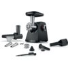 Mașină de tocat carne BOSCH Serie 4 MultiPower MFWS435B  Vârf 2000W (2 trepte și revers)  Nominală 500W  2.5kg/min  Storcător  Cârnați  Cuțit cu două tăișuri  Piciorușe ventuze  Neagră