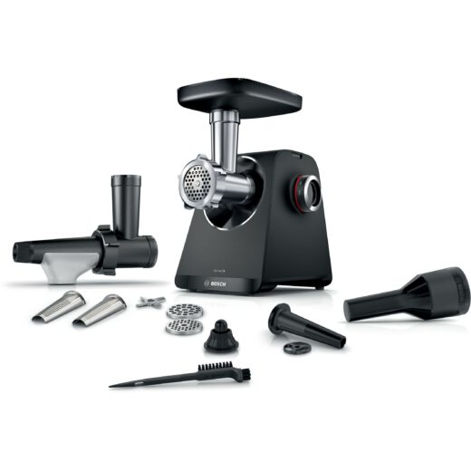 Mașină de tocat carne BOSCH Serie 4 MultiPower MFWS435B  Vârf 2000W (2 trepte și revers)  Nominală 500W  2.5kg/min  Storcător  Cârnați  Cuțit cu două tăișuri  Piciorușe ventuze  Neagră