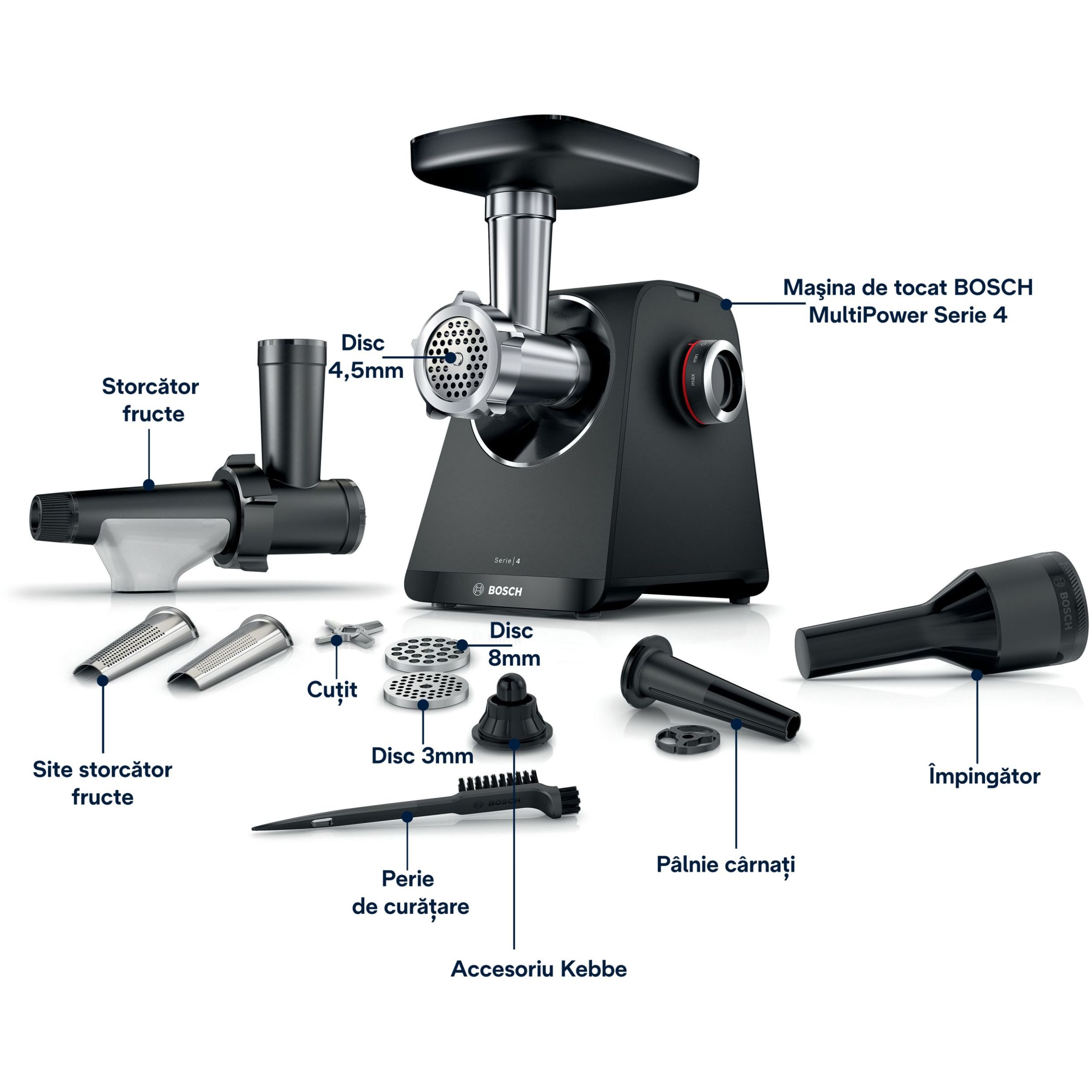 Mașină de tocat carne BOSCH Serie 4 MultiPower MFWS435B, Vârf 2000W (2 trepte și revers), Nominală 500W, 2.5kg/min, Storcător, Cârnați, Cuțit cu două tăișuri, Piciorușe ventuze, Neagră