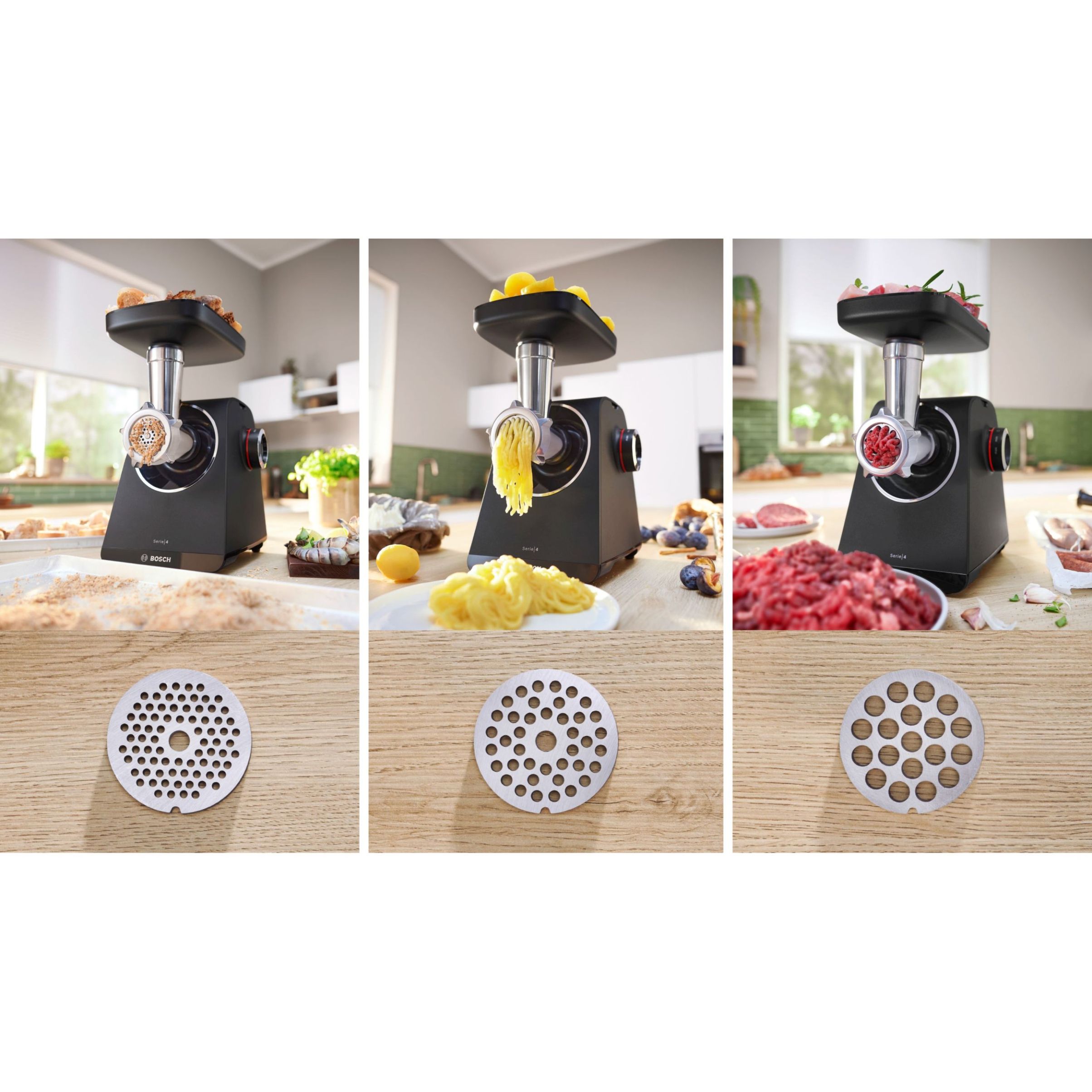 Mașină de tocat carne BOSCH Serie 4 MultiPower MFWS435B, Vârf 2000W (2 trepte și revers), Nominală 500W, 2.5kg/min, Storcător, Cârnați, Cuțit cu două tăișuri, Piciorușe ventuze, Neagră