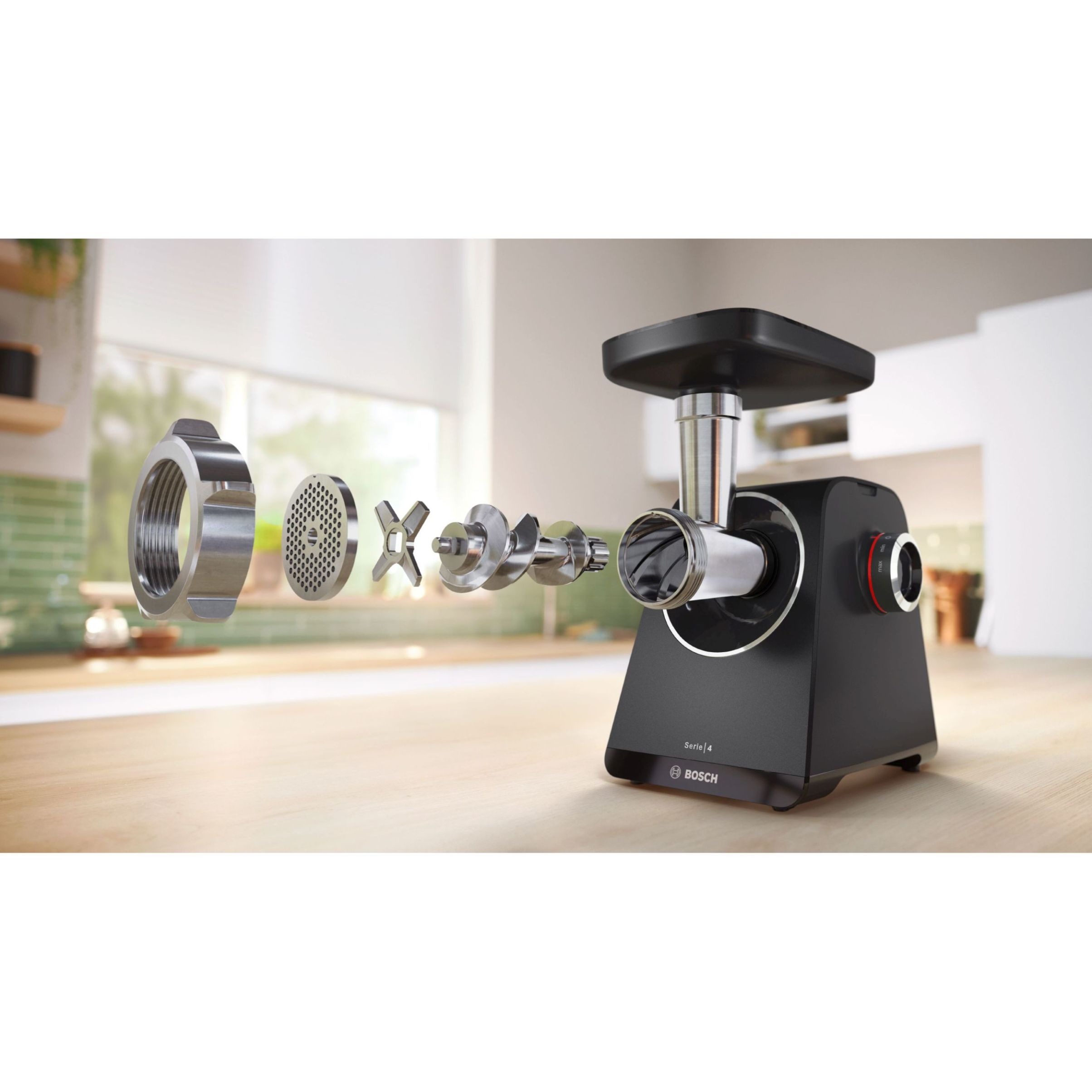 Mașină de tocat carne BOSCH Serie 4 MultiPower MFWS435B, Vârf 2000W (2 trepte și revers), Nominală 500W, 2.5kg/min, Storcător, Cârnați, Cuțit cu două tăișuri, Piciorușe ventuze, Neagră