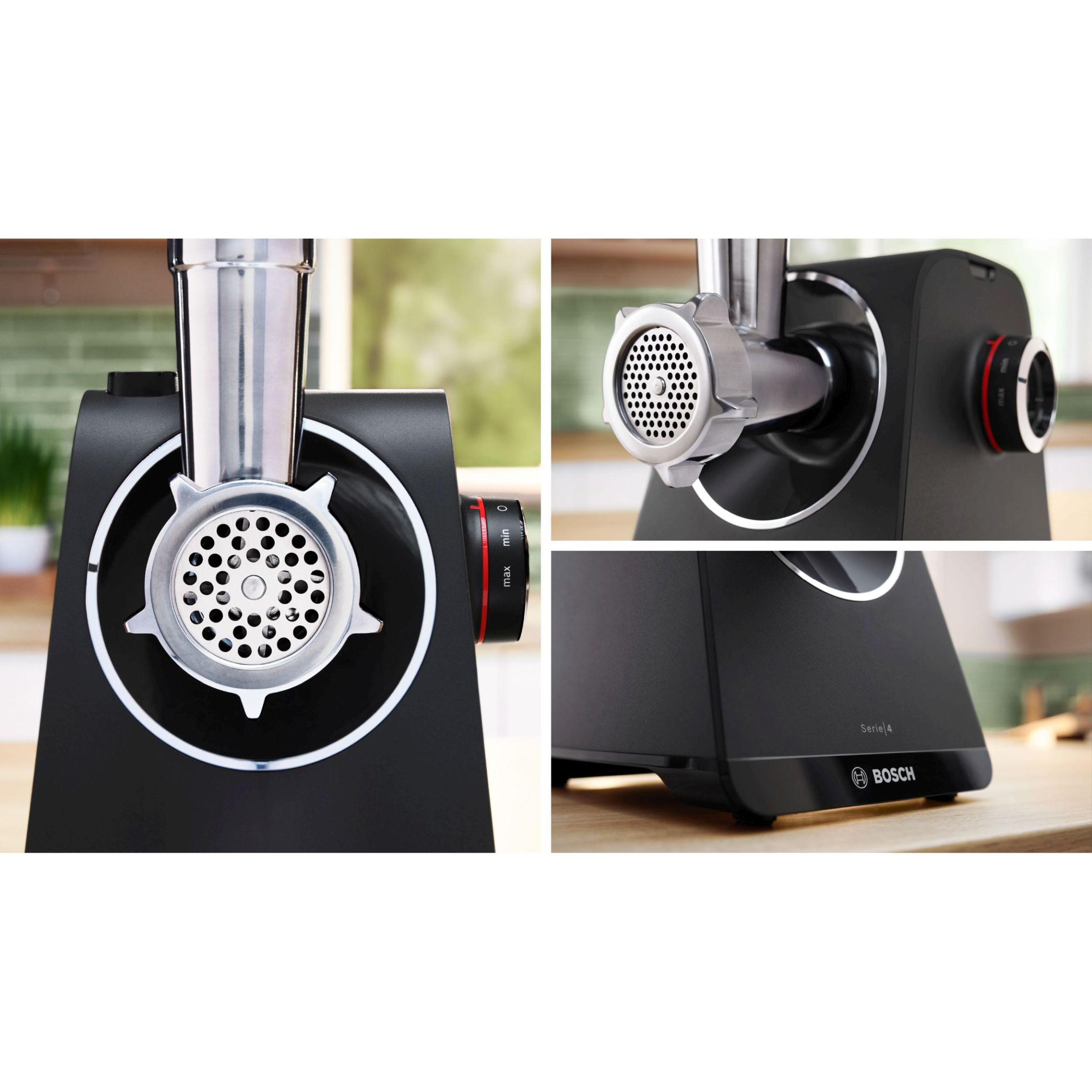 Mașină de tocat carne BOSCH Serie 4 MultiPower MFWS435B, Vârf 2000W (2 trepte și revers), Nominală 500W, 2.5kg/min, Storcător, Cârnați, Cuțit cu două tăișuri, Piciorușe ventuze, Neagră