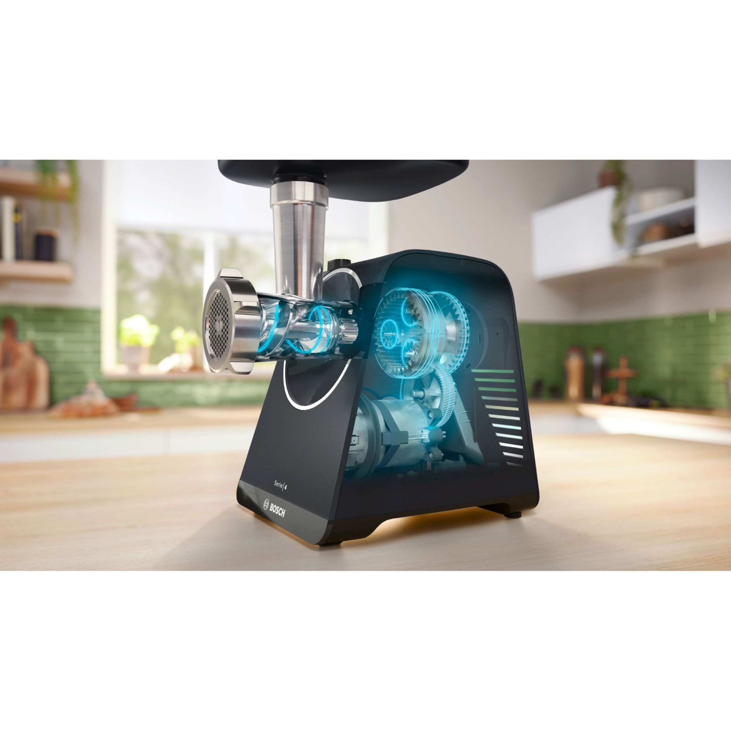 Mașină de tocat carne BOSCH Serie 4 MultiPower MFWS435B, Vârf 2000W (2 trepte și revers), Nominală 500W, 2.5kg/min, Storcător, Cârnați, Cuțit cu două tăișuri, Piciorușe ventuze, Neagră