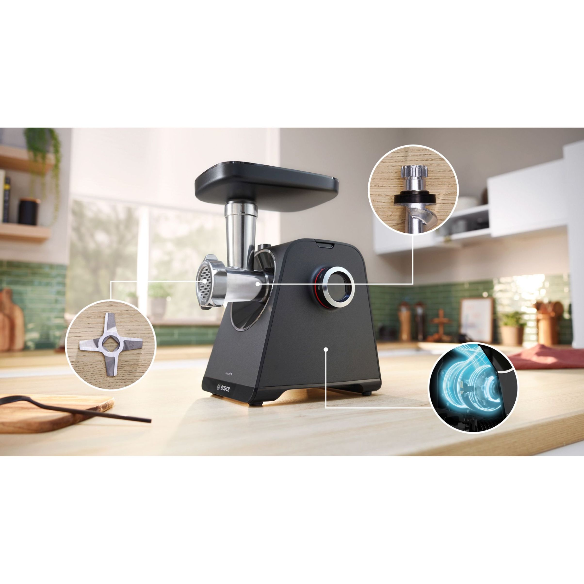 Mașină de tocat carne BOSCH Serie 4 MultiPower MFWS435B, Vârf 2000W (2 trepte și revers), Nominală 500W, 2.5kg/min, Storcător, Cârnați, Cuțit cu două tăișuri, Piciorușe ventuze, Neagră