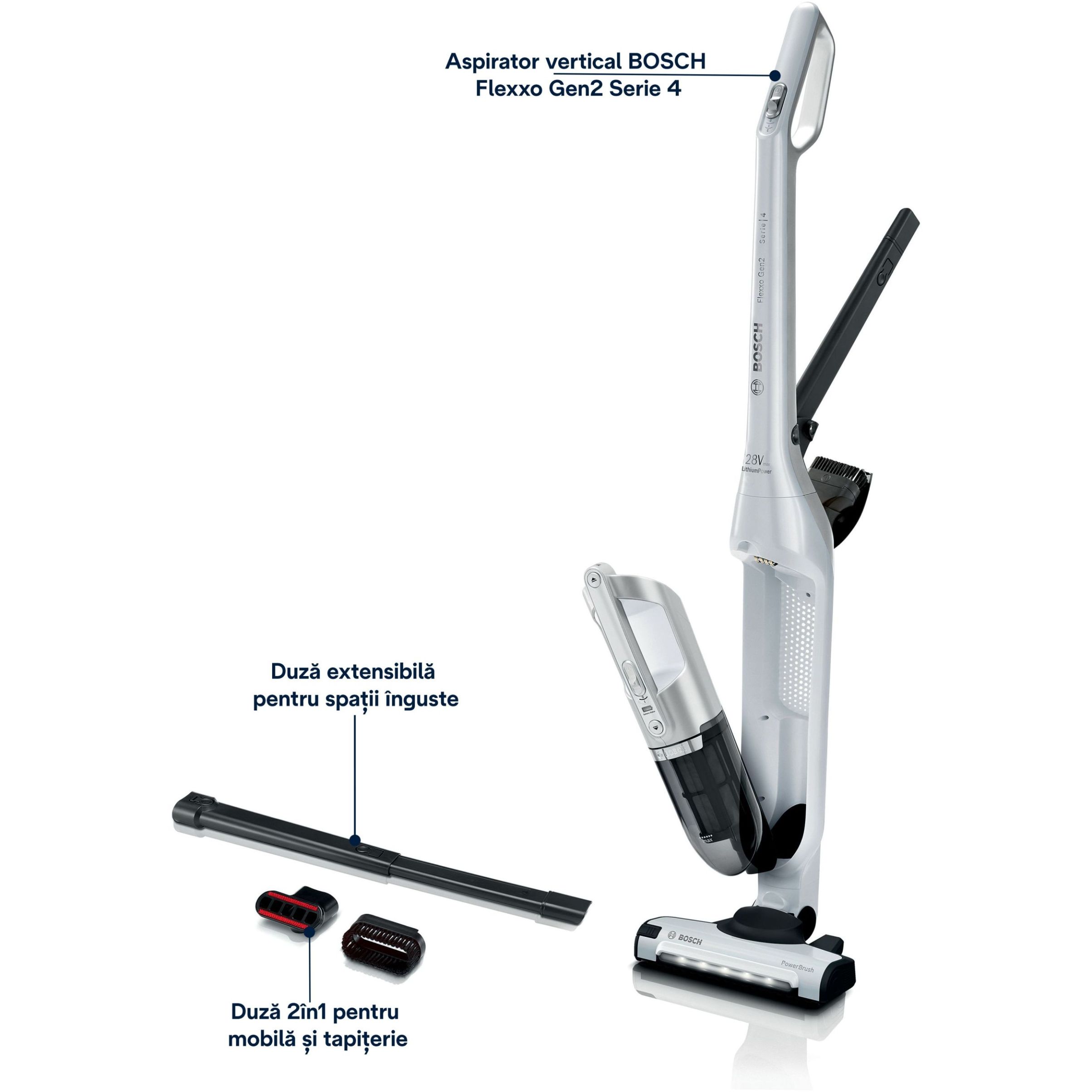 Aspirator vertical BOSCH Serie 4 Flexxo Gen2 28Vmax BBH3ALL28, Metallic Polar White