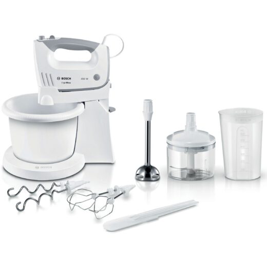 Mixer de mână BOSCH ErgoMixx MFQ36490  450W (5 trepte și Turbo)  Bol rotativ (500g făină și ingrediente)  Teluri  spirale și cuțit din oțel inoxidabil  Vas mărunțire  Vas mixare  Spatulă  74dB  Window Grey