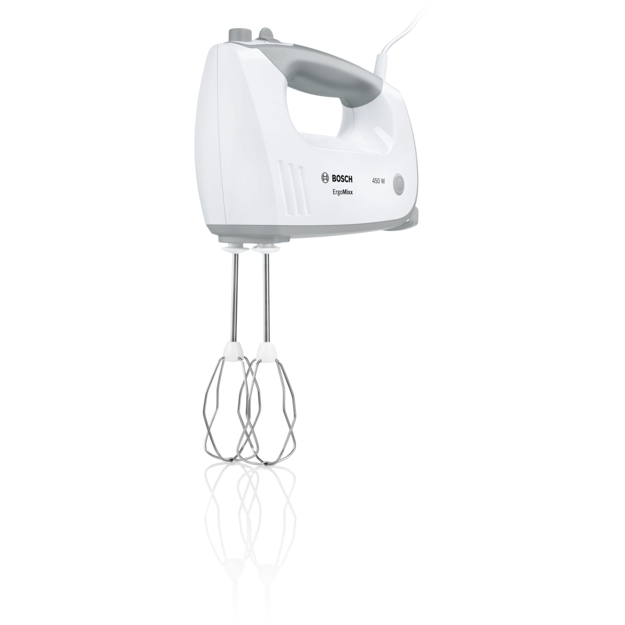 Mixer de mână BOSCH ErgoMixx MFQ36490, 450W (5 trepte și Turbo), Bol rotativ (500g făină și ingrediente), Teluri, spirale și cuțit din oțel inoxidabil, Vas mărunțire, Vas mixare, Spatulă, 74dB, Window Grey