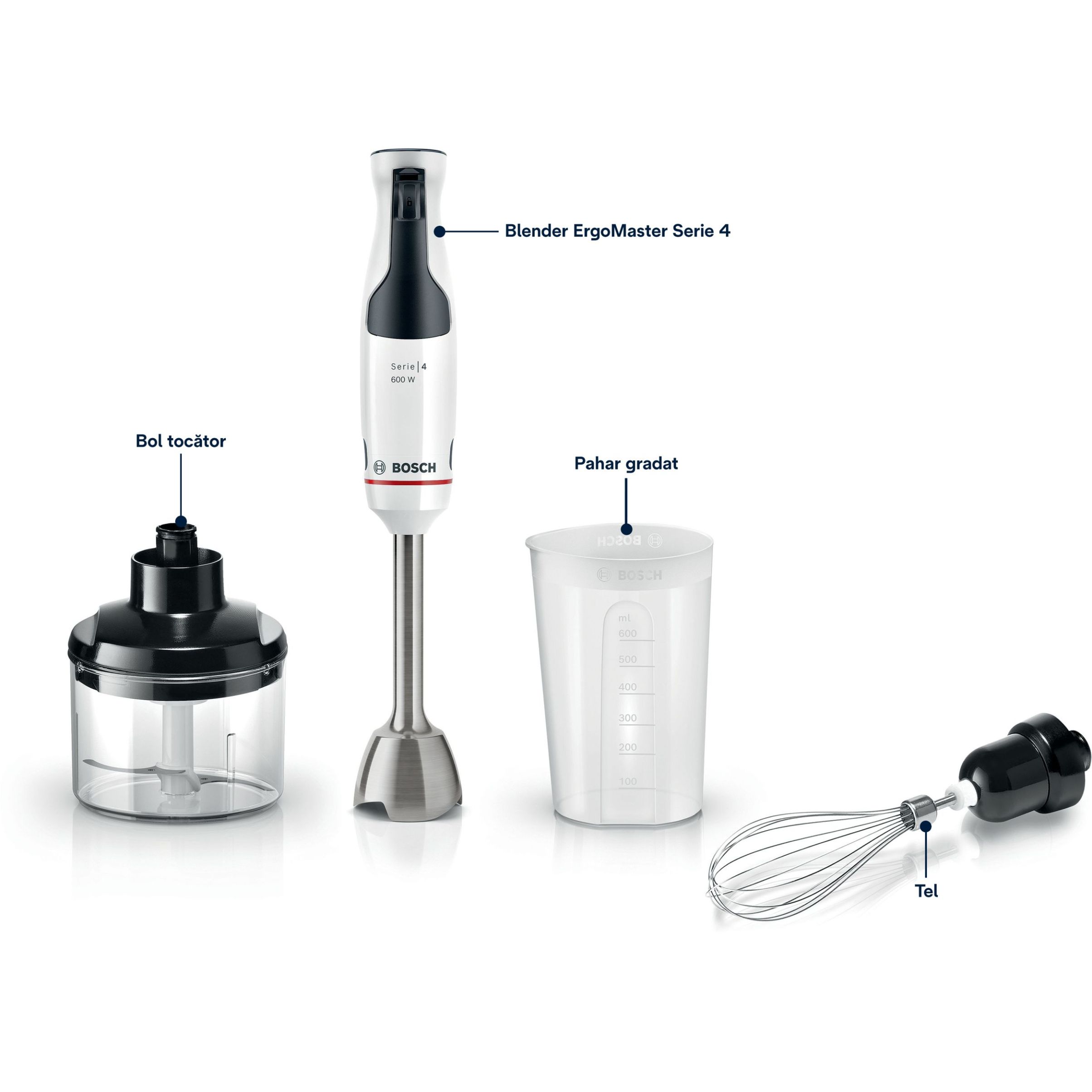 Blender de mână BOSCH Serie 4 ErgoMaster MSM4W221, 600W, Alb