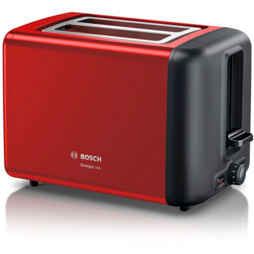 Prăjitor de pâine BOSCH DesignLine TAT3P424  820-970W (5 trepte)  Dezgheţare  Încălzire  High Lift  Buton STOP  Grătar chifle  Senzor electronic pentru prăjire uniformă  Centrare automată  Deep Red Crystal