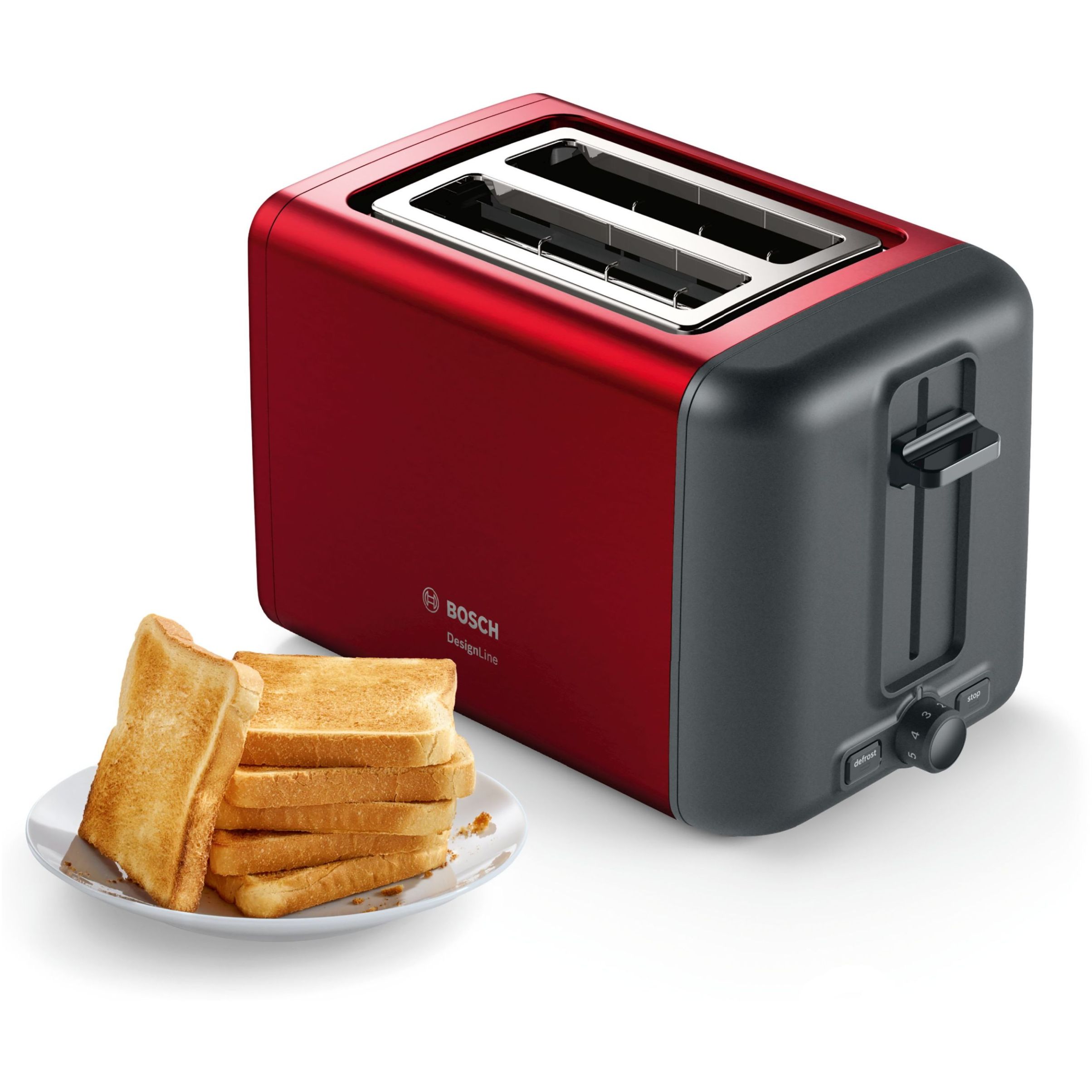 Prăjitor de pâine BOSCH DesignLine TAT3P424, 820-970W (5 trepte), Dezgheţare, Încălzire, High Lift, Buton STOP, Grătar chifle, Senzor electronic pentru prăjire uniformă, Centrare automată, Deep Red Crystal