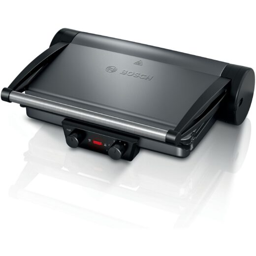 Grătar electric 3în1 BOSCH TCG4215  2000W  5 nivele  Corp inox  Plăci grill înclinate antiadezive detașabile aluminiu 32.8×23.8cm  Două tăvițe  Control individual al temperaturii  Păstrare la cald  Anthracite