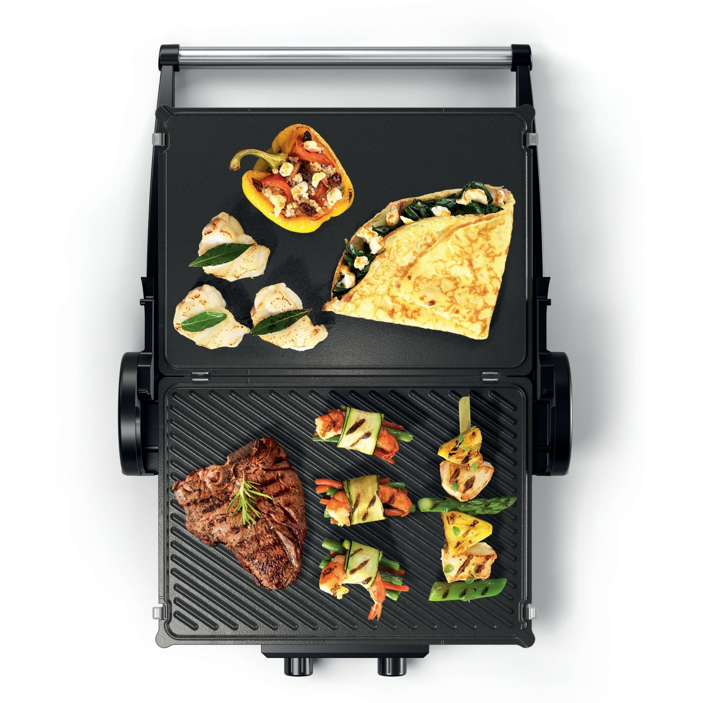 Grătar electric 3în1 BOSCH TCG4215, 2000W, 5 nivele, Corp inox, Plăci grill înclinate antiadezive detașabile aluminiu 32.8×23.8cm, Două tăvițe, Control individual al temperaturii, Păstrare la cald, Anthracite