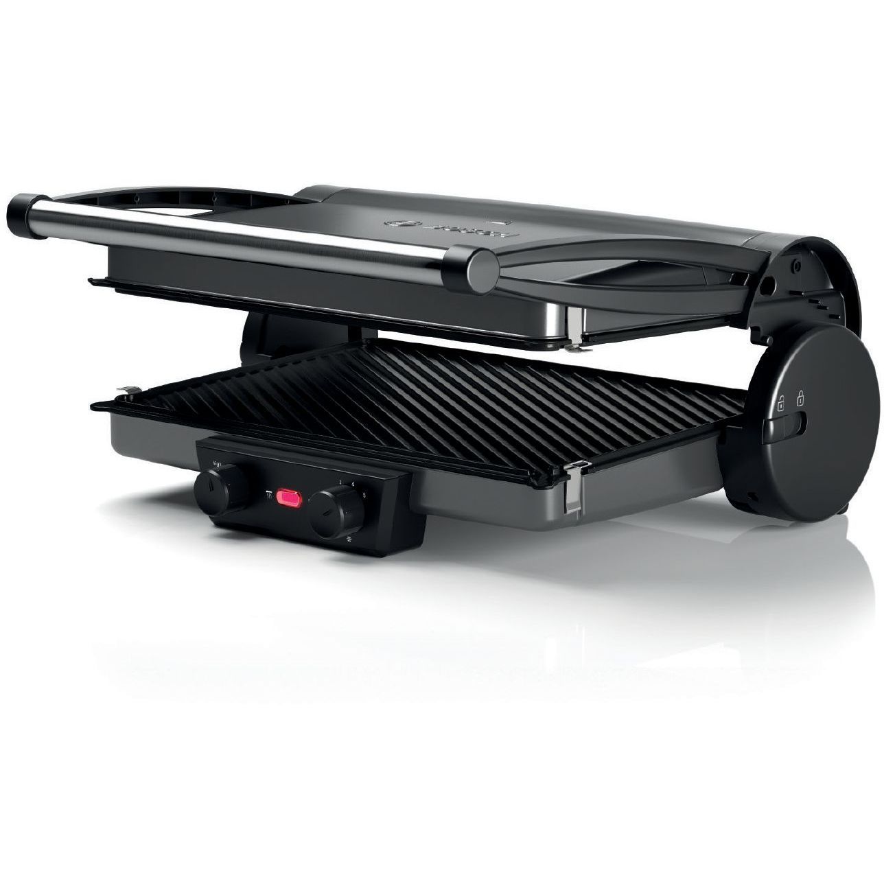 Grătar electric 3în1 BOSCH TCG4215, 2000W, 5 nivele, Corp inox, Plăci grill înclinate antiadezive detașabile aluminiu 32.8×23.8cm, Două tăvițe, Control individual al temperaturii, Păstrare la cald, Anthracite