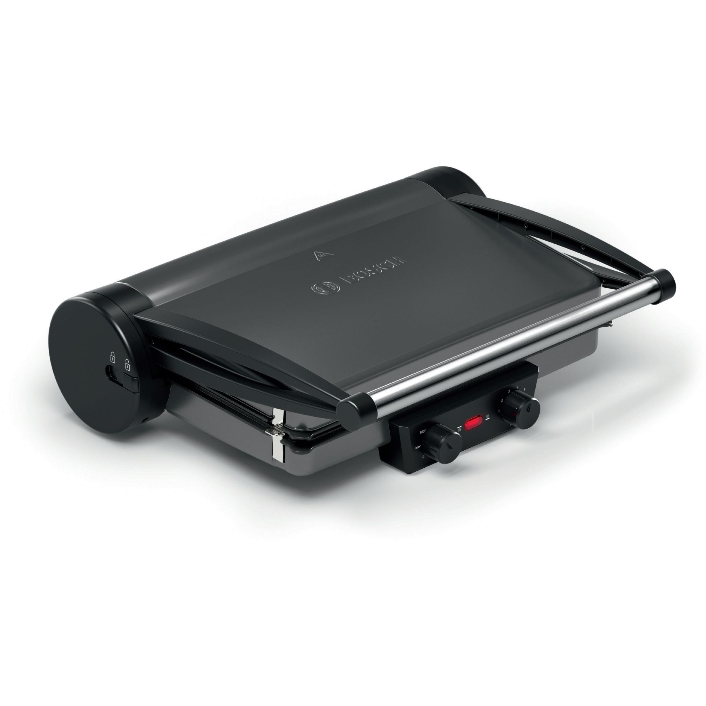 Grătar electric 3în1 BOSCH TCG4215, 2000W, 5 nivele, Corp inox, Plăci grill înclinate antiadezive detașabile aluminiu 32.8×23.8cm, Două tăvițe, Control individual al temperaturii, Păstrare la cald, Anthracite