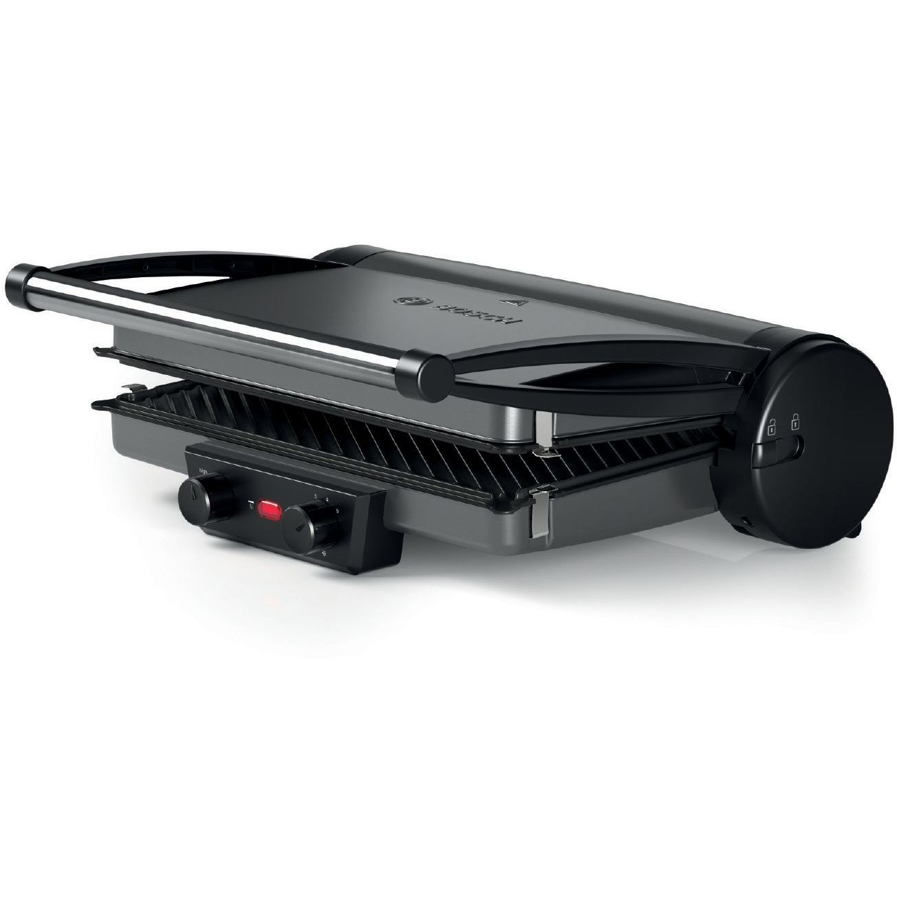 Grătar electric 3în1 BOSCH TCG4215, 2000W, 5 nivele, Corp inox, Plăci grill înclinate antiadezive detașabile aluminiu 32.8×23.8cm, Două tăvițe, Control individual al temperaturii, Păstrare la cald, Anthracite