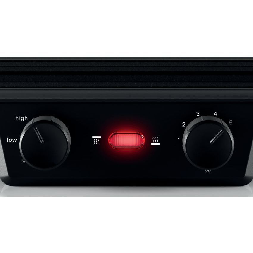 Grătar electric 3în1 BOSCH TCG4215, 2000W, 5 nivele, Corp inox, Plăci grill înclinate antiadezive detașabile aluminiu 32.8×23.8cm, Două tăvițe, Control individual al temperaturii, Păstrare la cald, Anthracite