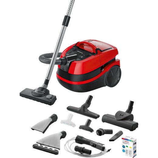 Aspirator multifuncțional cu sac BOSCH Serie 4 AquaWash&Clean BWD421PET  Vârf 2100W  Nominală 1400W  Praf 2.5l  Rezervor 5l  Cablu 9m  85dBA  Filtru igienic HEPA  G8.7kg  Tornado Red/Carbon Black