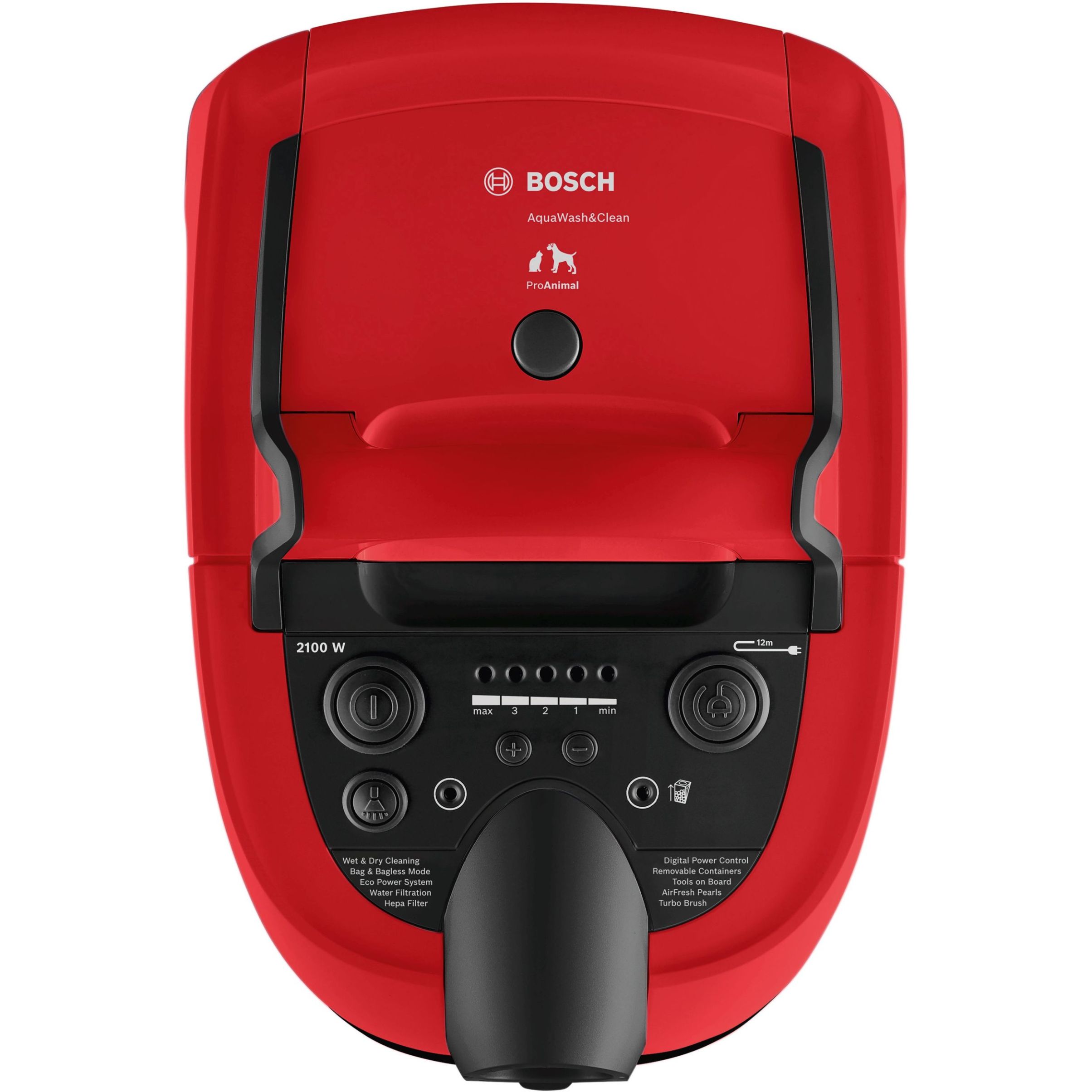 Aspirator multifuncțional cu sac BOSCH Serie 4 AquaWash&Clean BWD421PET, Vârf 2100W, Nominală 1400W, Praf 2.5l, Rezervor 5l, Cablu 9m, 85dBA, Filtru igienic HEPA, G8.7kg, Tornado Red/Carbon Black